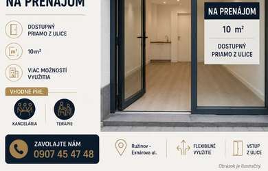 Prenájom kancelársko-obchodný priestor (kancelária / másáže / kaderníctvo / terapie) – Ružinov, Exnárova ul.
