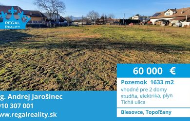 POZEMOK, 1633 m2, Blesovce, okr. Topoľčany