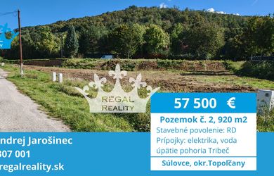 POZEMOK  č. 2, 920 m2, stavebné povolenie, Súlovce ,okr. TO