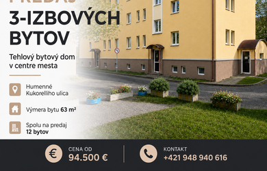 Tehlové 3 izbové byty v centre mesta Kukorelliho ulica