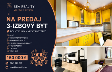 tehlový byt 58m2, prerobený z 2 izbového na 3izbový