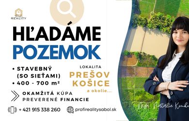 Kúpime ihneď STAVEBNÝ POZEMOK v Prešove, Košiciach a okolí